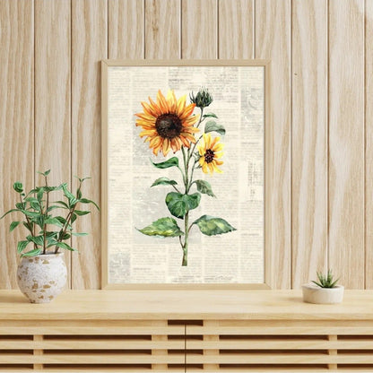 Vintage gazete sayfası üzerinde ayçiçeği illüstrasyonu detay çekimi