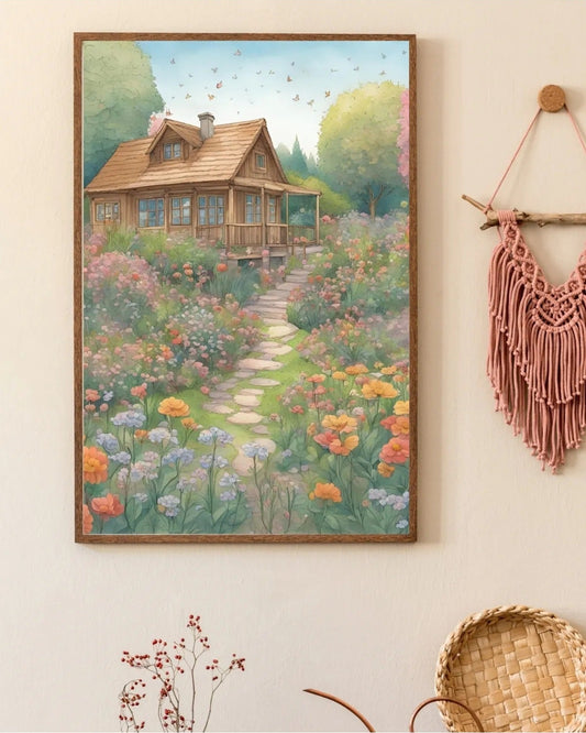 Renkli çiçekli bahçe ve masalsı kulübe illüstrasyonu detay çekimi