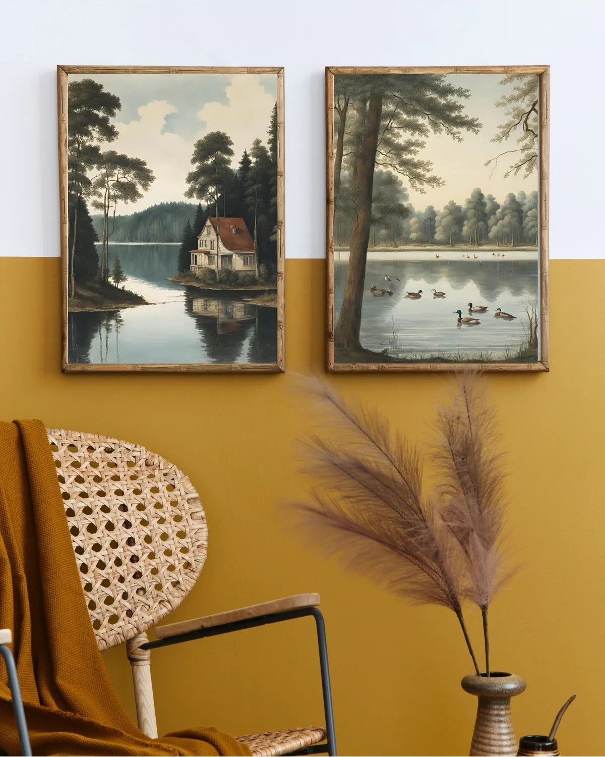 SÜMER Art Decoration 'Göl Evi ve Ördekler' manzara temalı 2'li dekoratif tablo seti ana görseli