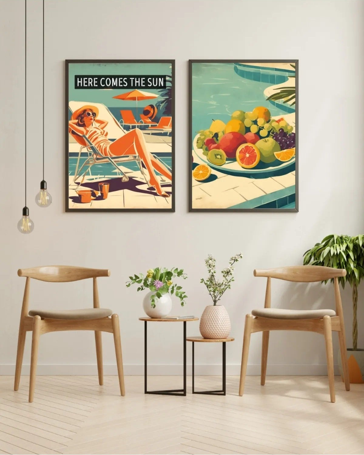 SÜMER Art Decoration 'Here Comes The Sun' retro yaz temalı 2'li dekoratif tablo seti ana görseli