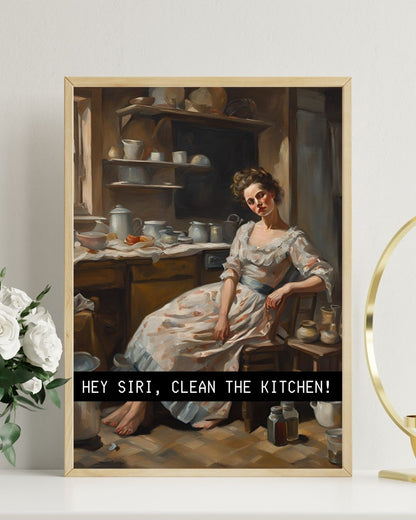 SÜMER Art Decoration "Hey Siri, Clean the Kitchen!" esprili klasik mutfak posteri ana görseli