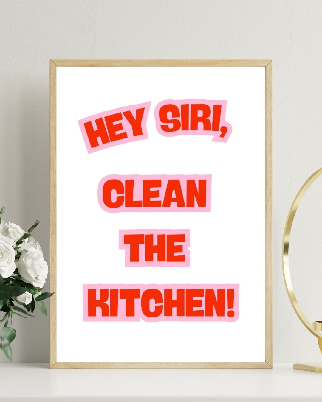 SÜMER Art Decoration "Hey Siri, Clean the Kitchen!" minimalist kırmızı beyaz poster ana görseli