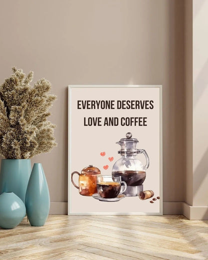 Suluboya efektli kahve demliği, fincan ve kalp illüstrasyonu sanatsal baskı detay çekimi