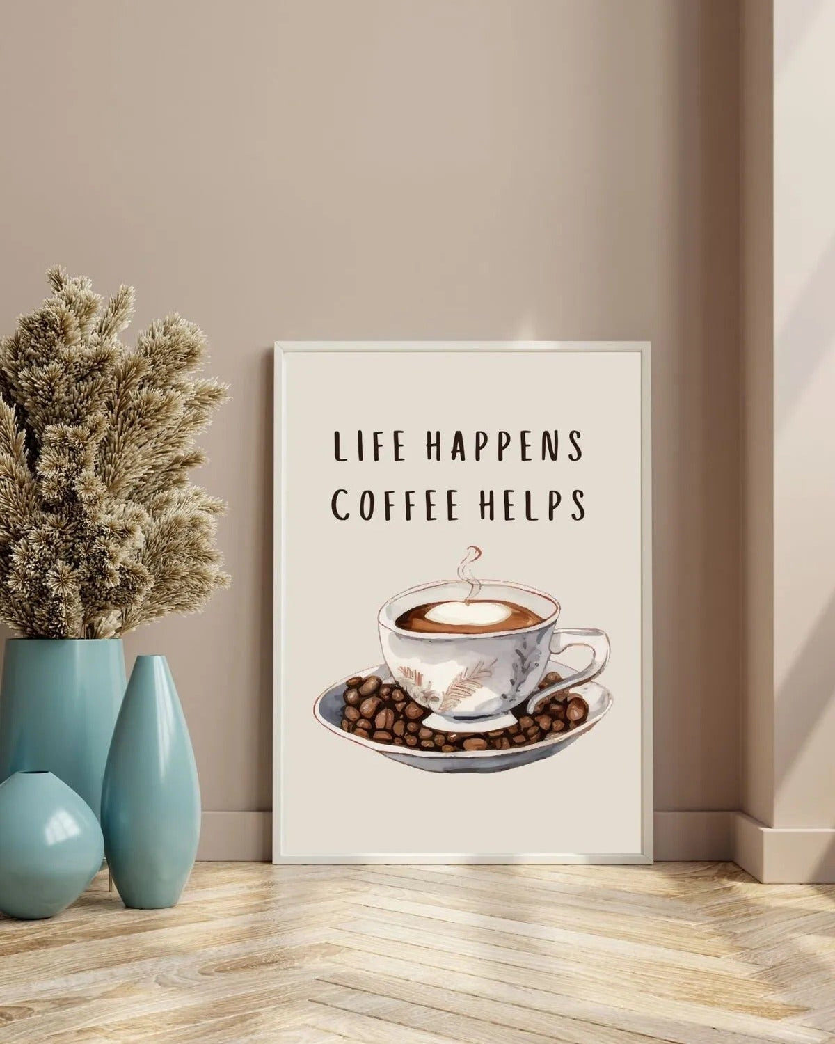 Suluboya efektli kahve fincanı ve kahve çekirdekleri illüstrasyonu sanatsal baskı detay çekimi