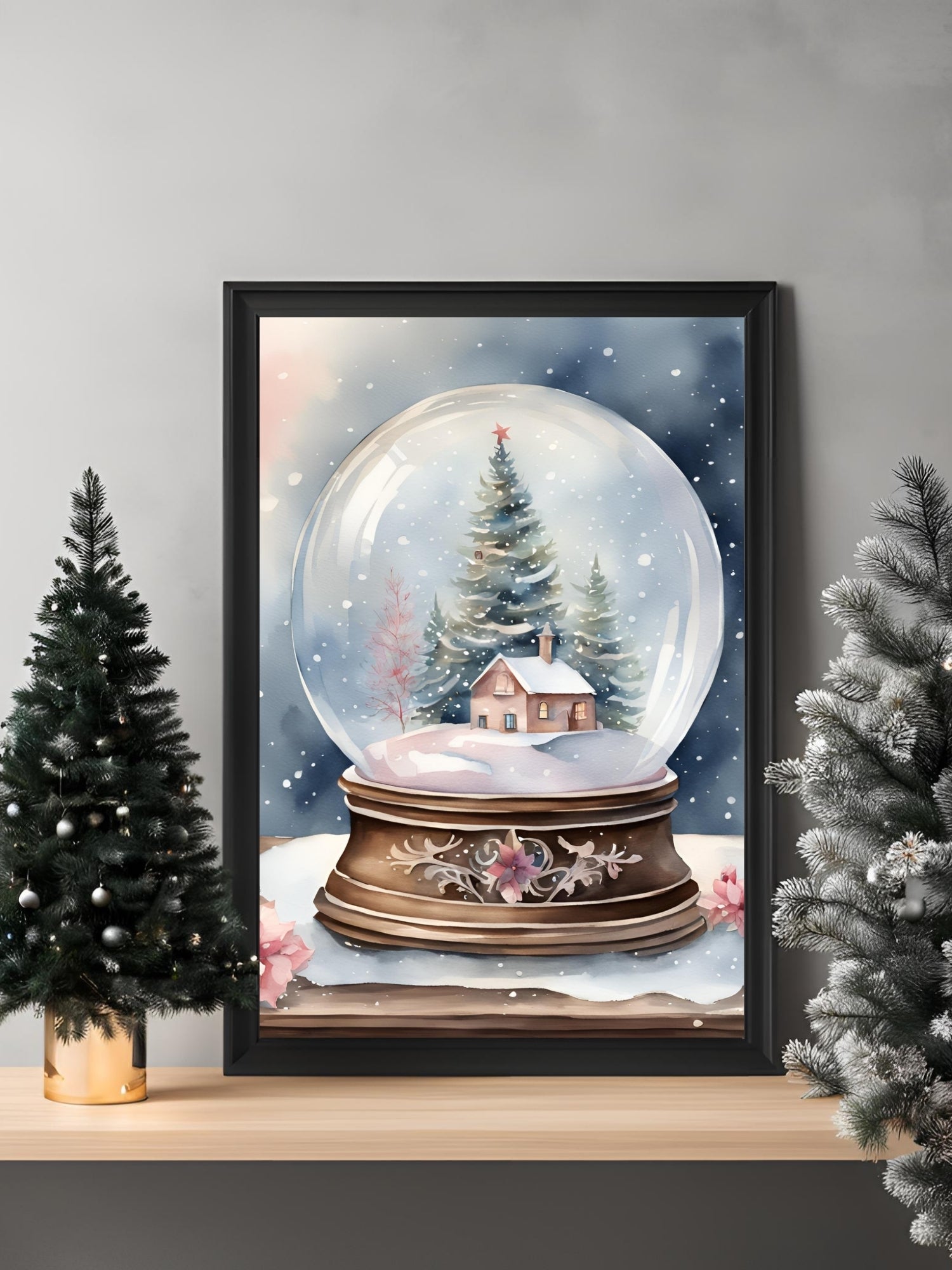 Kar küresi içindeki kış evi ve tabanındaki çiçek işlemeleri suluboya illüstrasyonu detay çekimi