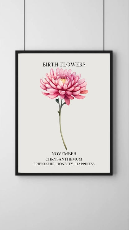 SÜMER Art Decoration Kasım ayı doğum çiçeği Chrysanthemum (Krizantem) temalı sanatsal suluboya posteri ana görseli