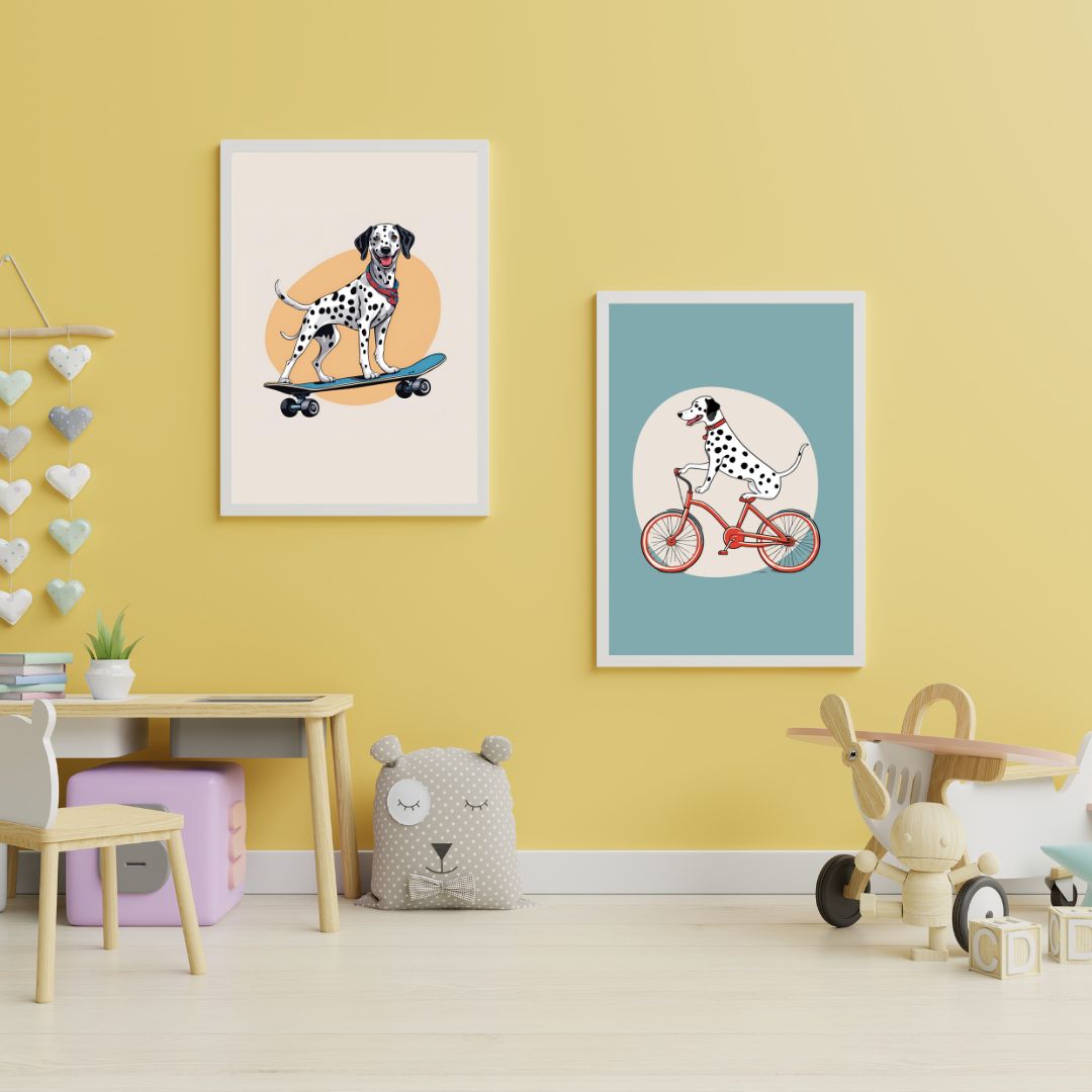 Turuncu ve teal arka planda sportif Dalmaçyalı köpek illüstrasyonları detay çekimi