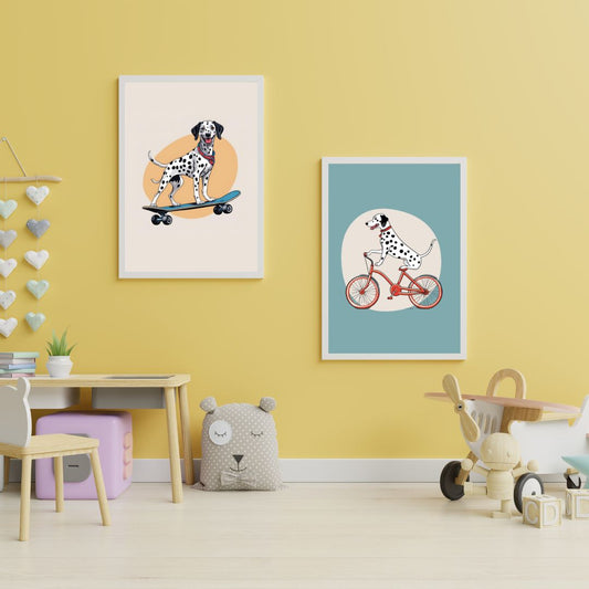 Turuncu ve teal arka planda sportif Dalmaçyalı köpek illüstrasyonları detay çekimi