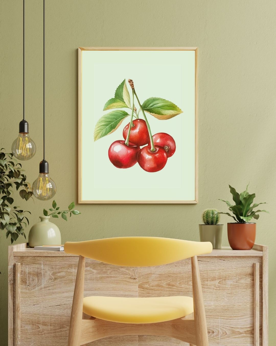 Modern yemek odası dekorasyonu için kiraz salkımı çerçeveli poster kullanım örneği