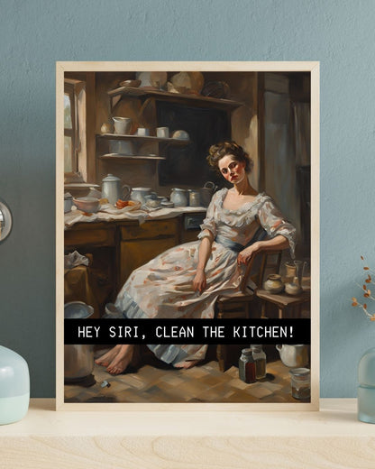 Rustik ve klasik mutfak dekorasyonu için Siri temalı yağlıboya poster kullanım örneği