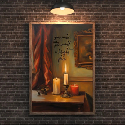 Klasik ve sıcak bir oturma odası dekorasyonu için mum ışığı temalı çerçeveli tablo kullanım örneği