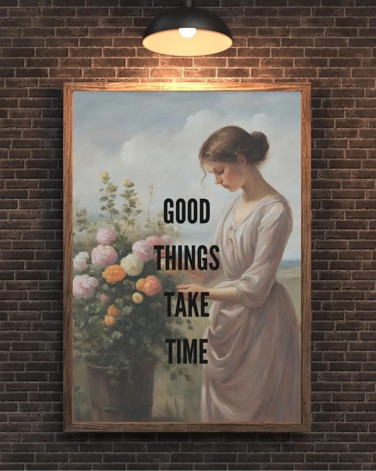 Yağlıboya dokulu çiçeklerle ilgilenen kadın illüstrasyonu ve motivasyonel yazı detayı sanatsal baskı