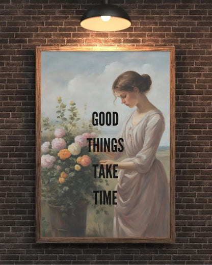 Yağlıboya dokulu çiçeklerle ilgilenen kadın illüstrasyonu ve motivasyonel yazı detayı sanatsal baskı