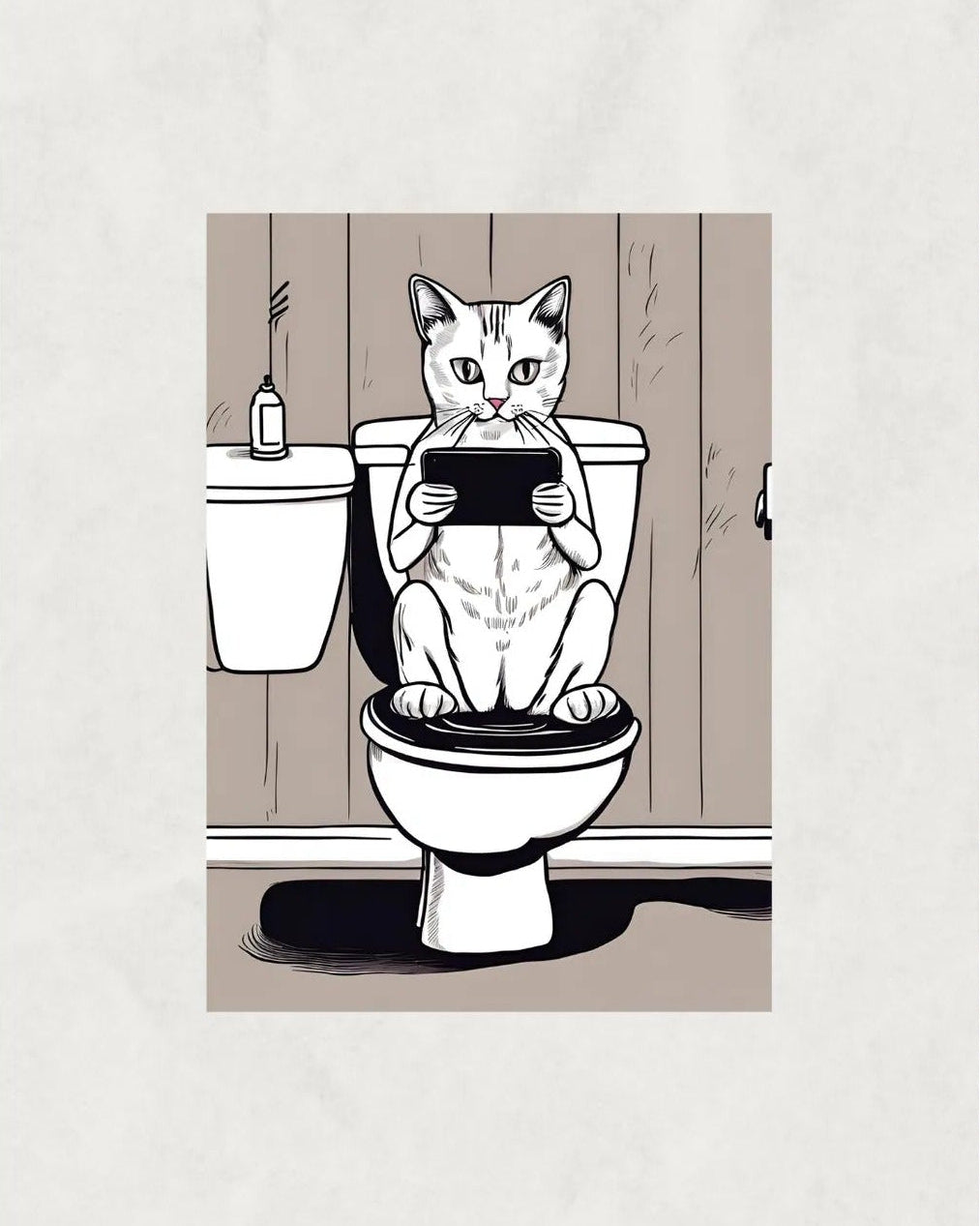 Tuvalette cihaz kullanan kedi illüstrasyonu ve banyo temalı sanatsal baskı detay çekimi