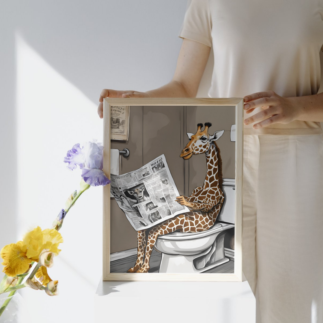 Gazete okuyan zürafa illüstrasyonu ve banyo temalı sanatsal baskı detay çekimi