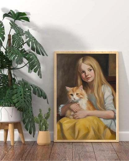 SÜMER Art Decoration klasik yağlı boya tarzında kedi tutan küçük kız posteri ana görseli