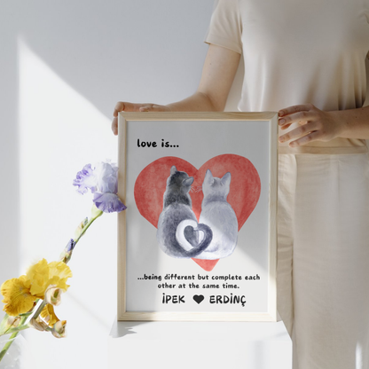 Birbirini tamamlayan farklı renkte kediler ve kalp oluşturan kuyruklar illüstrasyonu detay çekimi