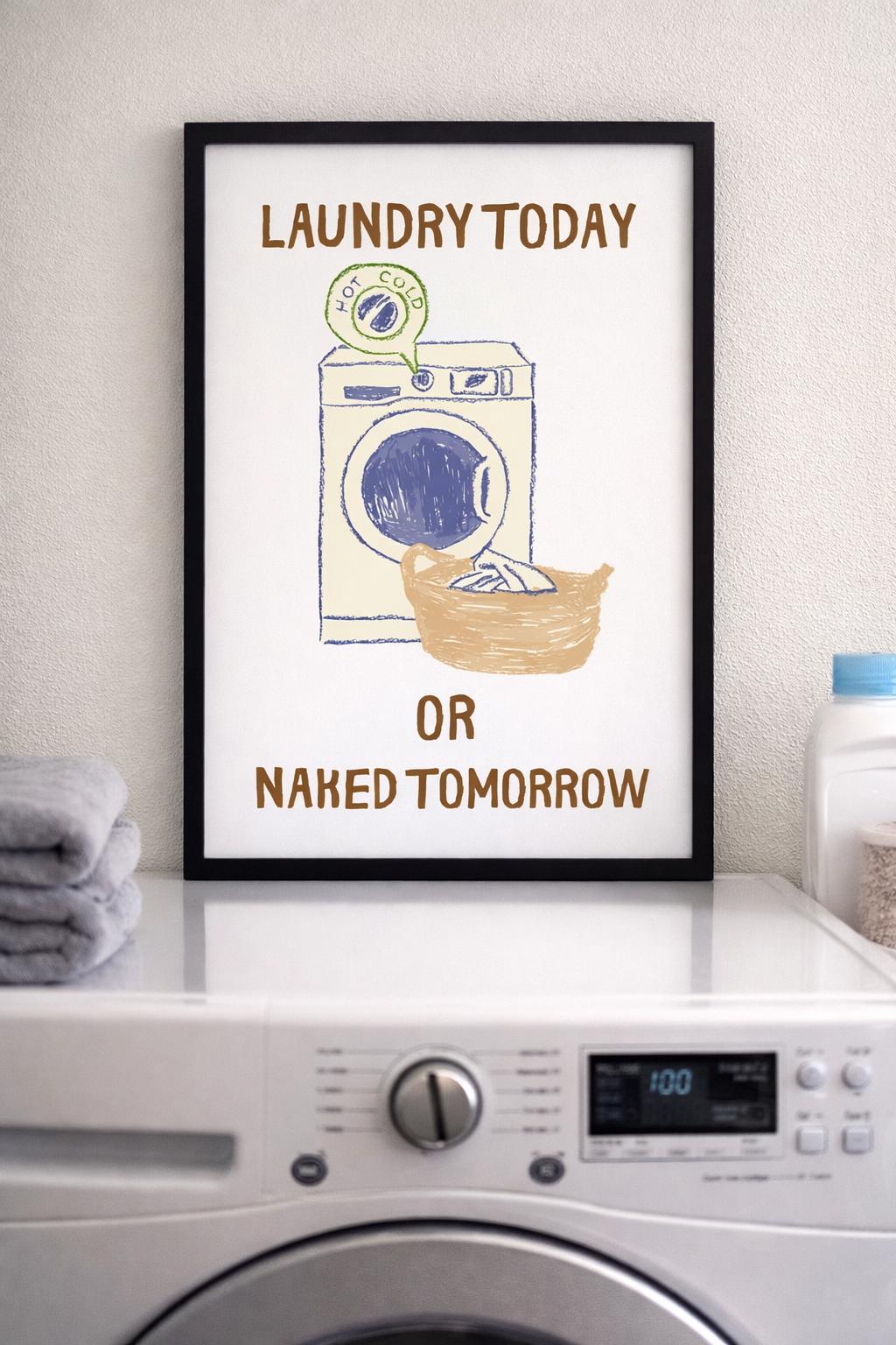 Çamaşır makinesi üzerinde sergilenen, siyah çerçeveli "Laundry Today or Naked Tomorrow" yazılı eğlenceli tablo.