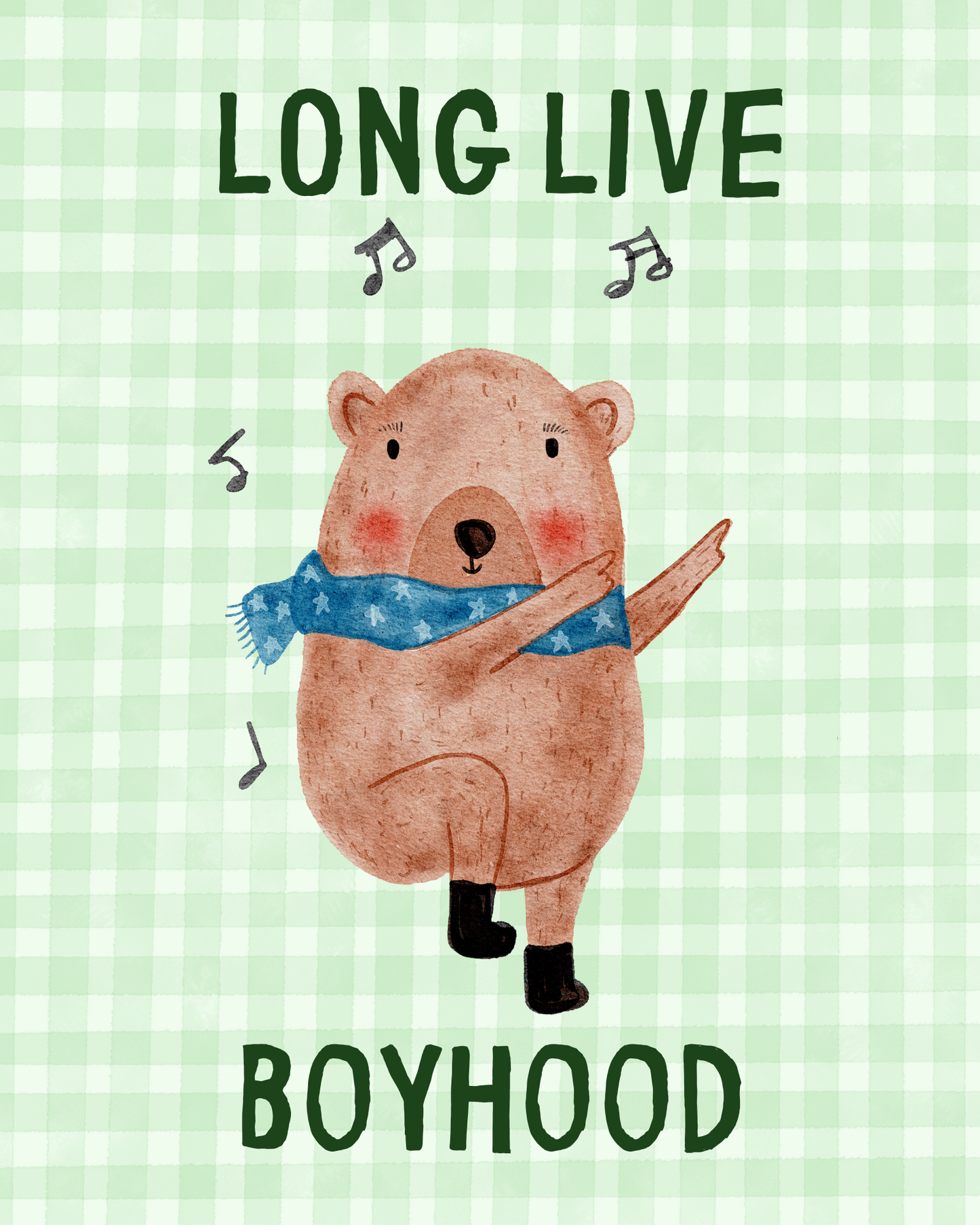 Dans eden ayıcık figürlü, yeşil pötikare desenli sanatsal bebek odası posteri.