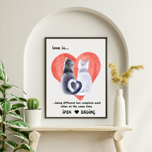 SÜMER Art Decoration "Love Is..." kişiselleştirilmiş isimli kedili poster tablo ana görseli