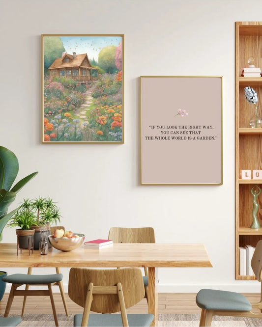 SÜMER Art Decoration masalsı kulübe ve "The whole world is a garden" sözlü poster seti ana görseli