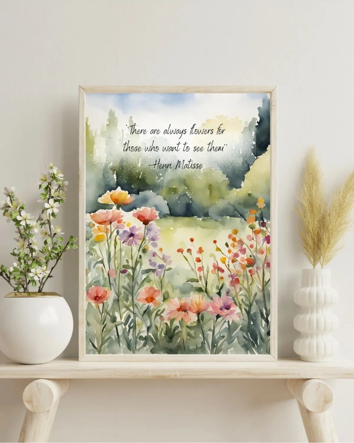 Henri Matisse "There are always flowers" sözü ve suluboya çiçek deseni sanatsal detay çekimi