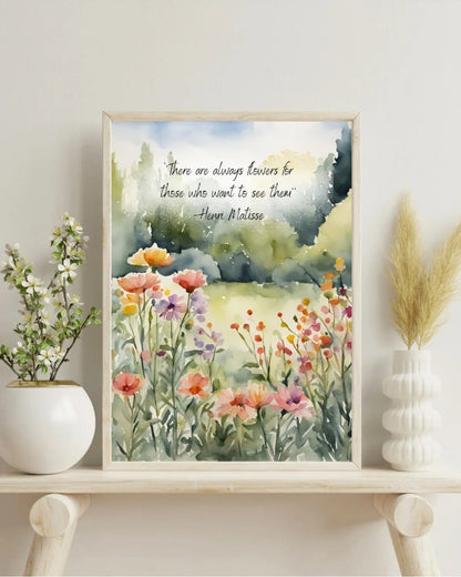 Henri Matisse "There are always flowers" sözü ve suluboya çiçek deseni sanatsal detay çekimi