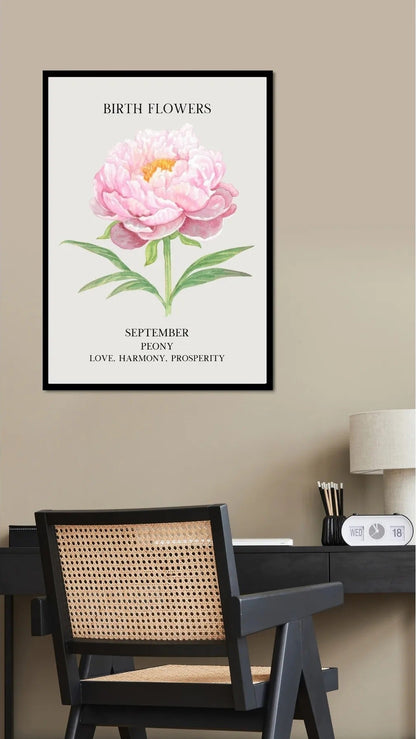 Modern bir oturma odası veya antre dekorasyonunda çerçeveli Eylül ayı doğum çiçeği posteri kullanım örneği