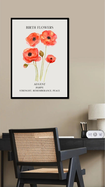 Modern bir oturma odası veya çalışma alanı dekorasyonunda çerçeveli Ağustos ayı doğum çiçeği posteri kullanım örneği
