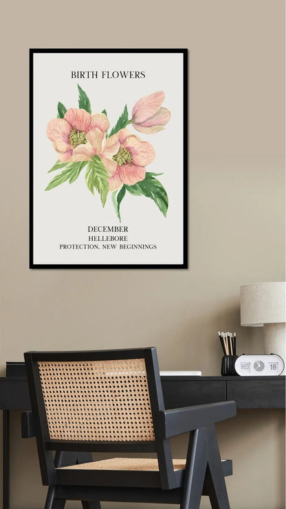 Modern bir yatak odası veya çalışma alanı dekorasyonunda çerçeveli Aralık ayı doğum çiçeği posteri kullanım örneği