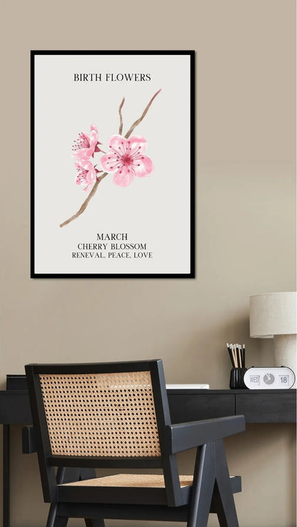 Modern bir çalışma masası veya salon dekorasyonunda çerçeveli Mart ayı doğum çiçeği posteri kullanım örneği