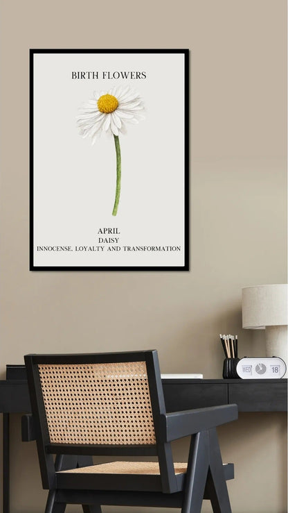 Modern bir mutfak veya antre dekorasyonunda çerçeveli Nisan ayı doğum çiçeği posteri kullanım örneği