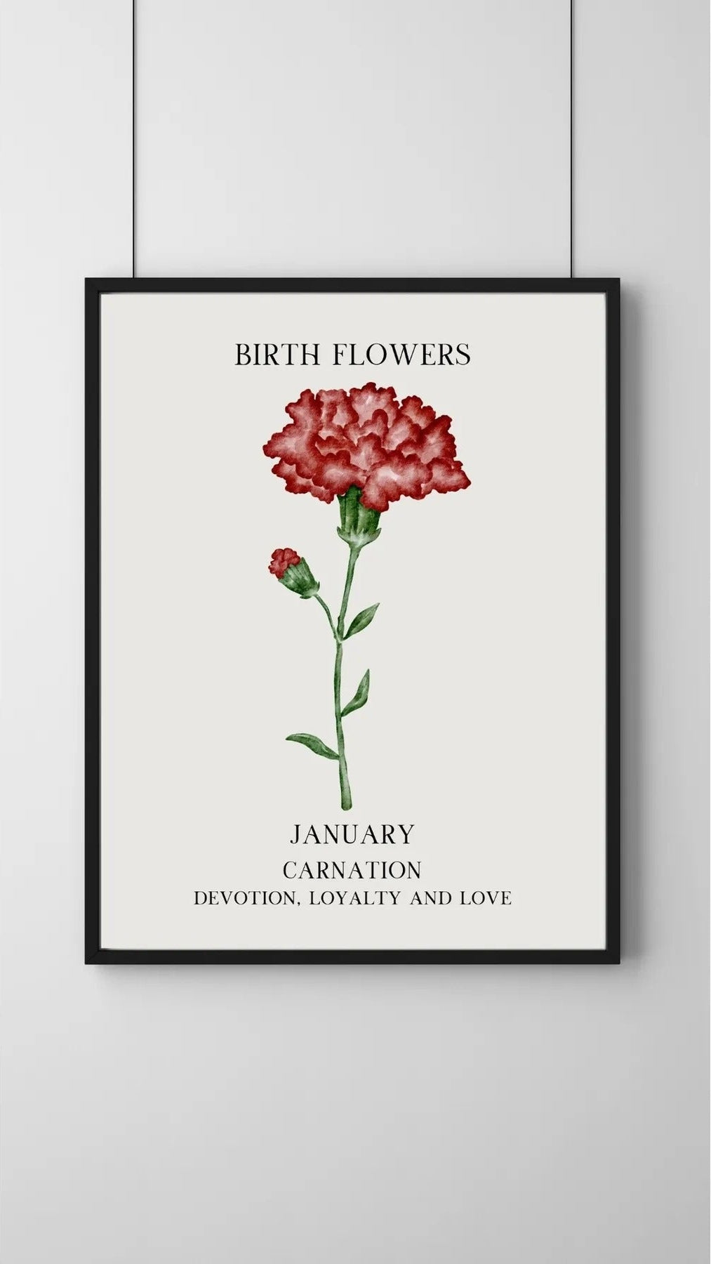 Modern bir çalışma masası veya antre dekorasyonunda siyah çerçeveli Ocak ayı doğum çiçeği posteri kullanım örneği