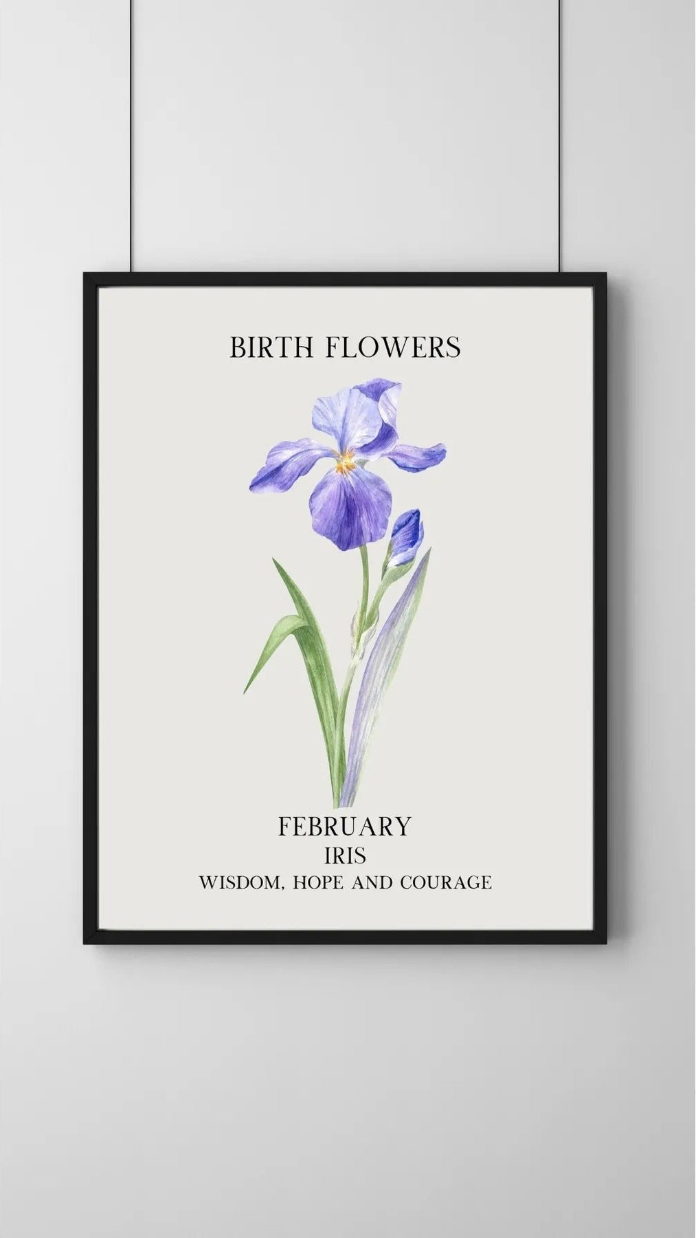 Modern bir çalışma masası veya salon dekorasyonunda çerçeveli Şubat ayı doğum çiçeği posteri kullanım örneği