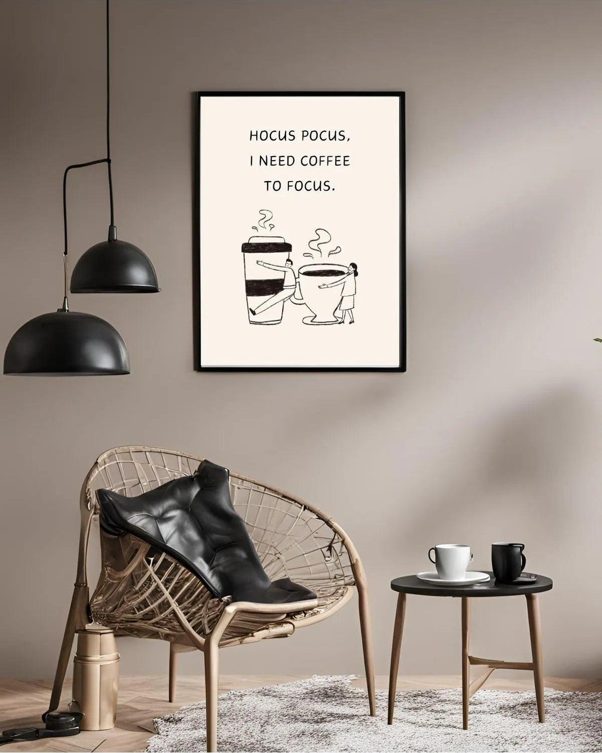 Kahve fincanına sarılan figürlerin yer aldığı minimalist illüstrasyon ve yazı detay çekimi