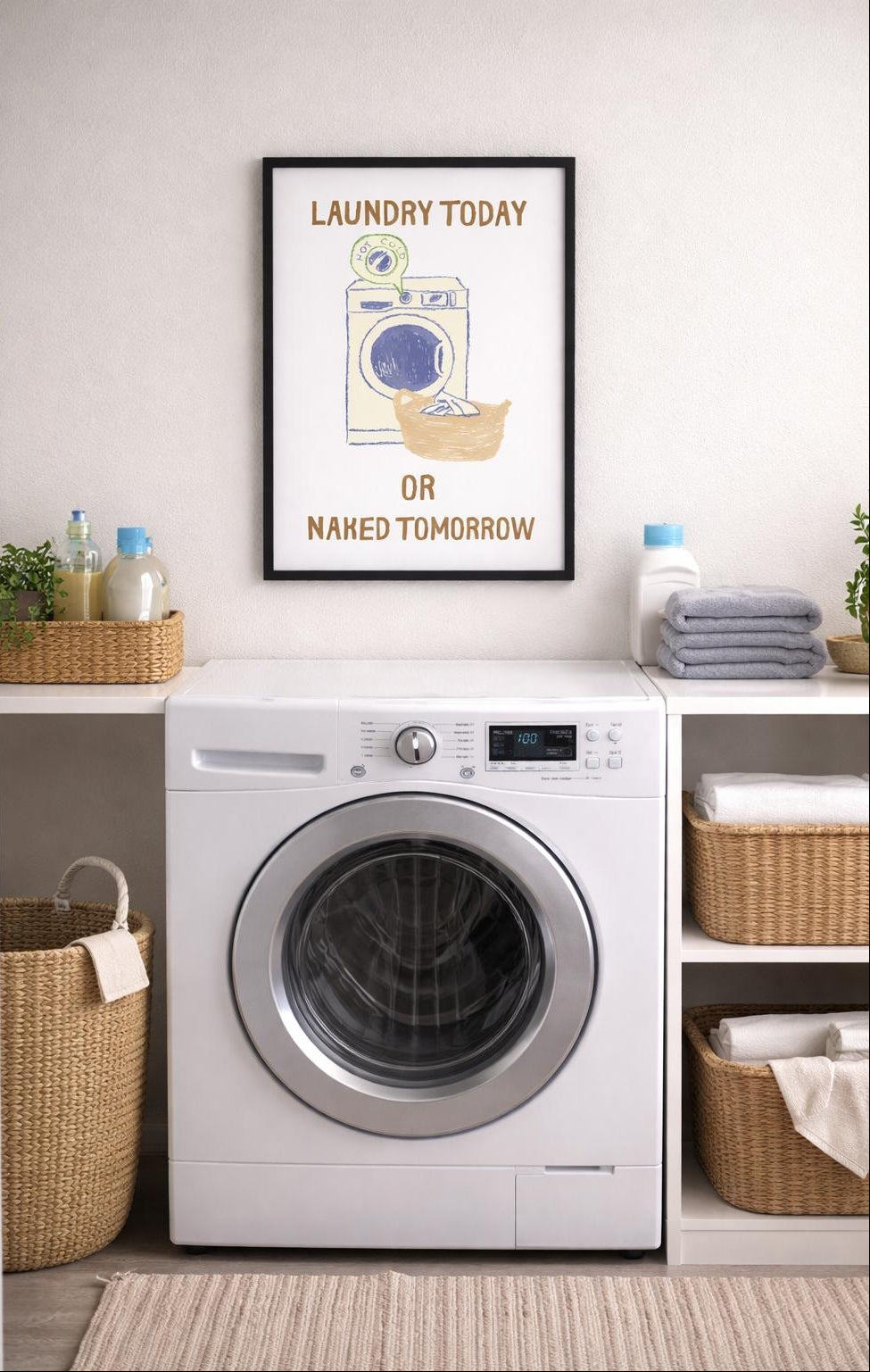 Beyaz bir çamaşır makinesi ve deterjan kutularıyla dekore edilmiş alanda duran modern duvar tablosu.