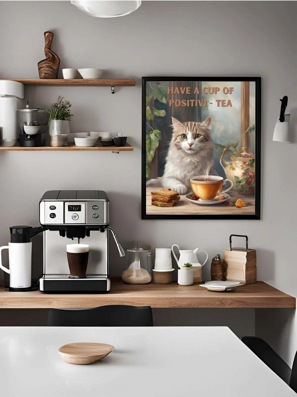 Modern bir mutfak veya çay istasyonu dekorasyonu için sanatsal kedi temalı çerçeveli tablo kullanım örneği