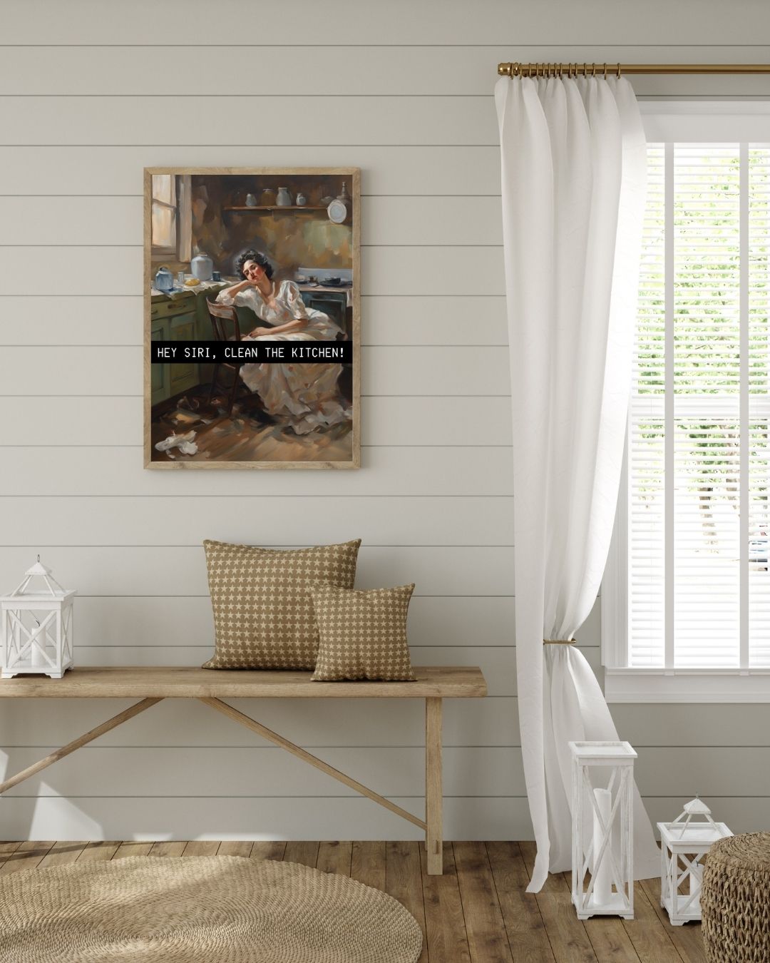 Minimalist mutfak dekorasyonu için esprili Siri temalı çerçeveli poster kullanım örneği