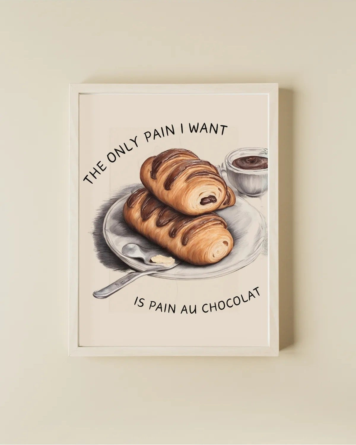 Modern bir mutfak veya kahvaltı köşesi için esprili Fransız mutfağı temalı çerçeveli tablo kullanım örneği