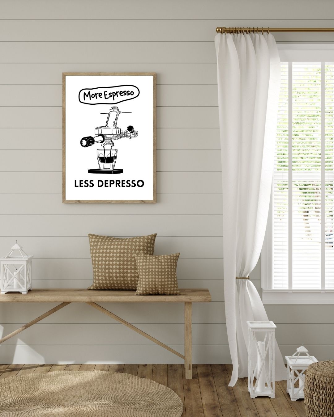 Modern mutfak ve kahve köşesi dekorasyonu için esprili çerçeveli tablo kullanım örneği