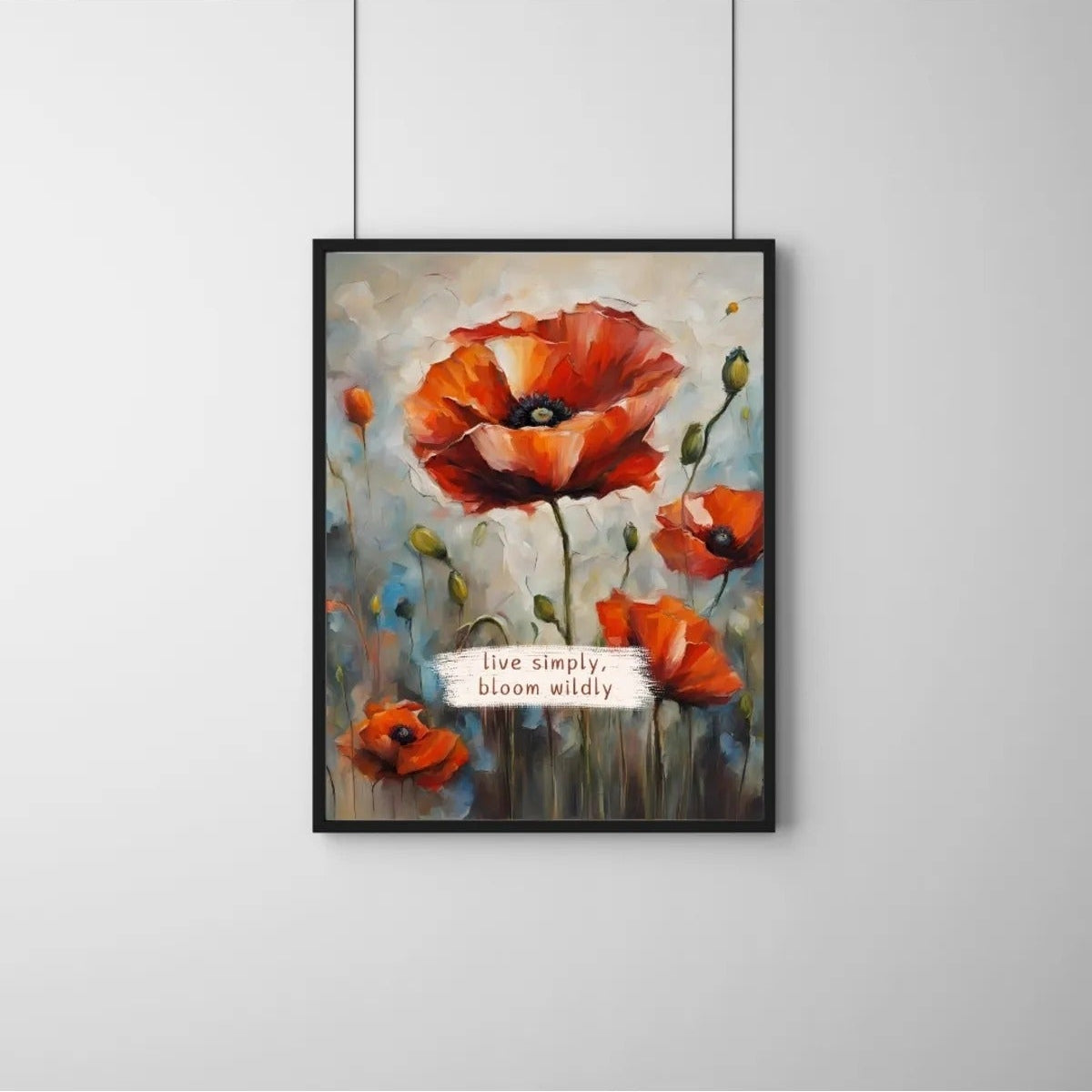 Modern salon dekorasyonu için sanatsal çiçek temalı çerçeveli poster kullanım örneği