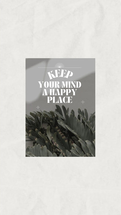 Estetik yatak odası dekorasyonu için "Keep Your Mind a Happy Place" çerçeveli poster kullanım örneği