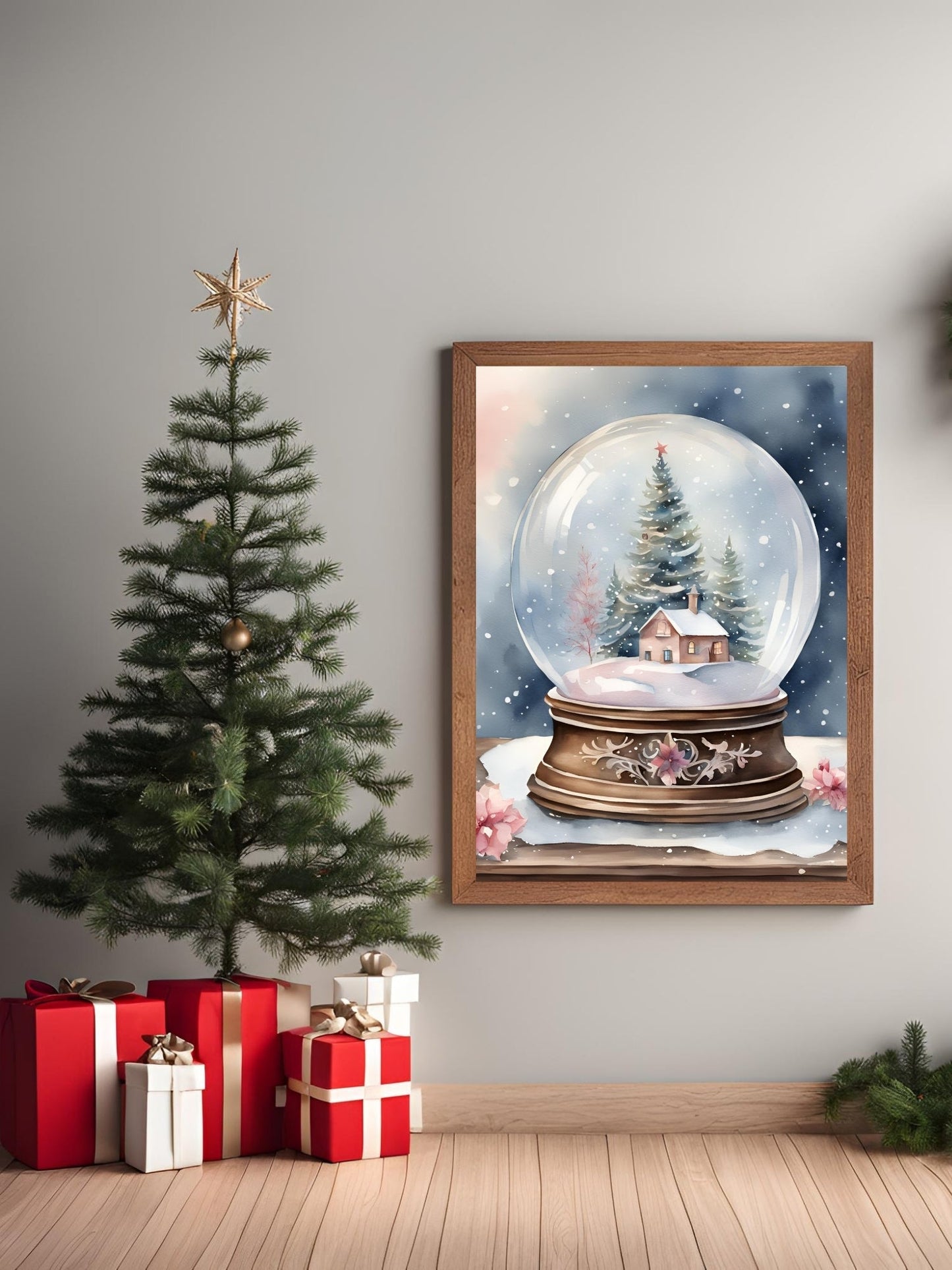 Yılbaşı ağacı ve hediyelerle süslenmiş estetik oda dekorasyonu için kar küresi çerçeveli poster kullanımı