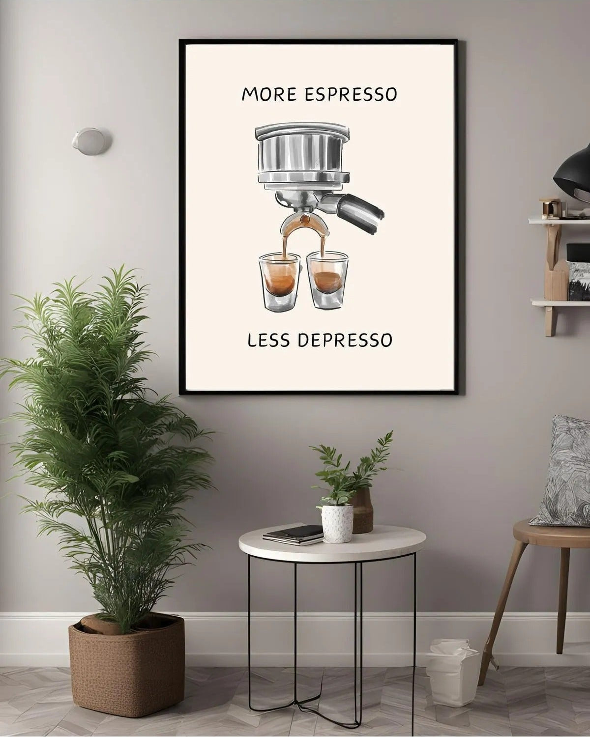 SÜMER Art Decoration "More espresso less depresso" yazılı portafiltre illüstrasyonlu kahve posteri ana görseli