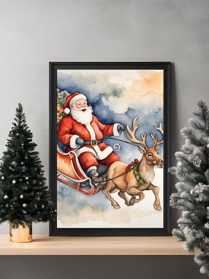 Noel Baba ve geyik illüstrasyonu üzerindeki sanatsal suluboya ve renk detayları yakın çekimi