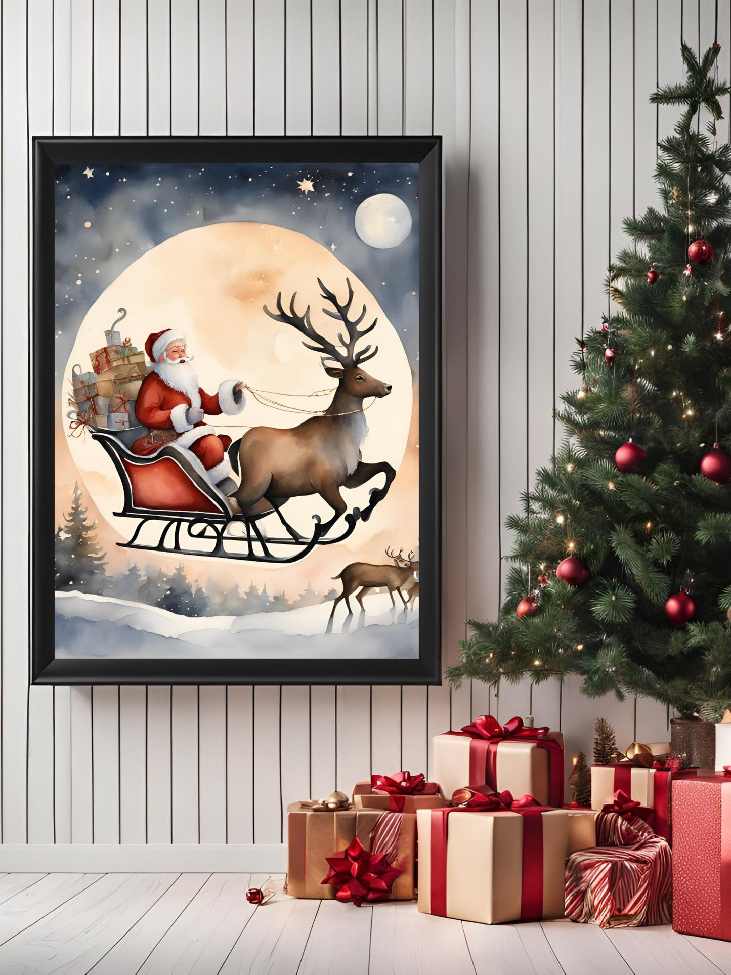 SÜMER Art Decoration Noel Baba ve ren geyiği temalı sanatsal suluboya yılbaşı posteri ana görseli