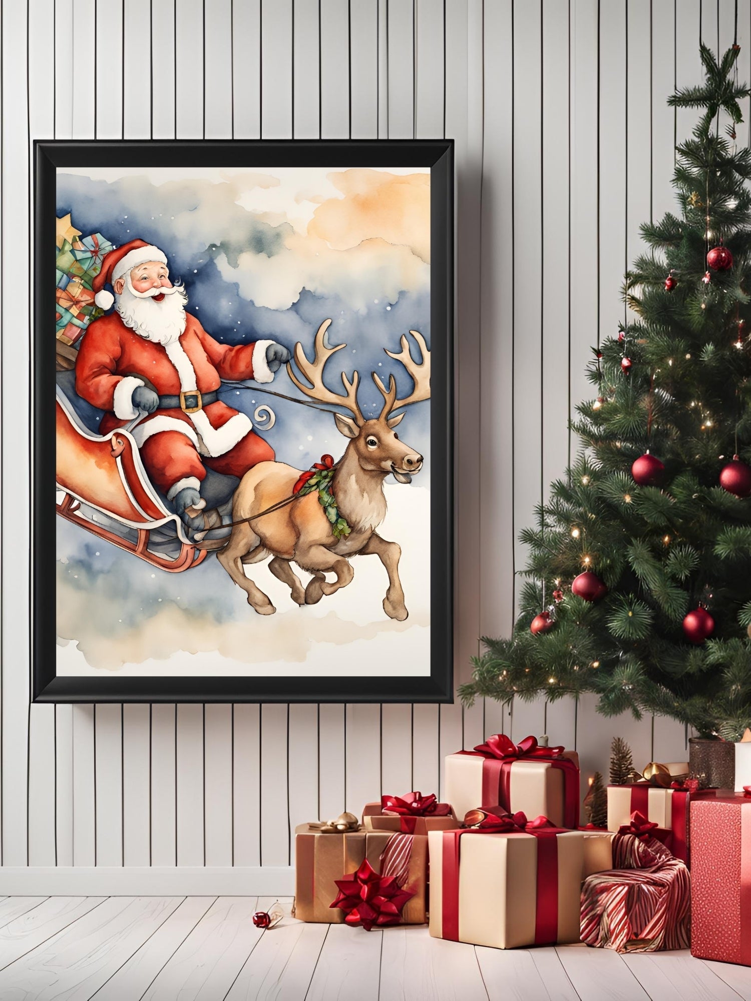 SÜMER Art Decoration Noel Baba ve geyiği suluboya görünümlü poster ana görseli
