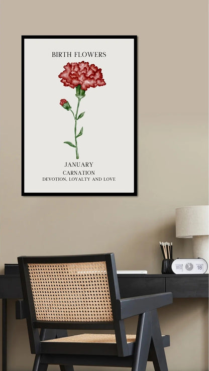 SÜMER Art Decoration Ocak ayı doğum çiçeği Carnation (Karanfil) temalı sanatsal suluboya posteri ana görseli