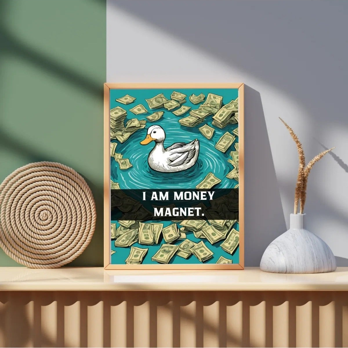 Paralar içinde yüzen ördek illüstrasyonu ve "I Am Money Magnet" yazı detayı sanatsal baskı