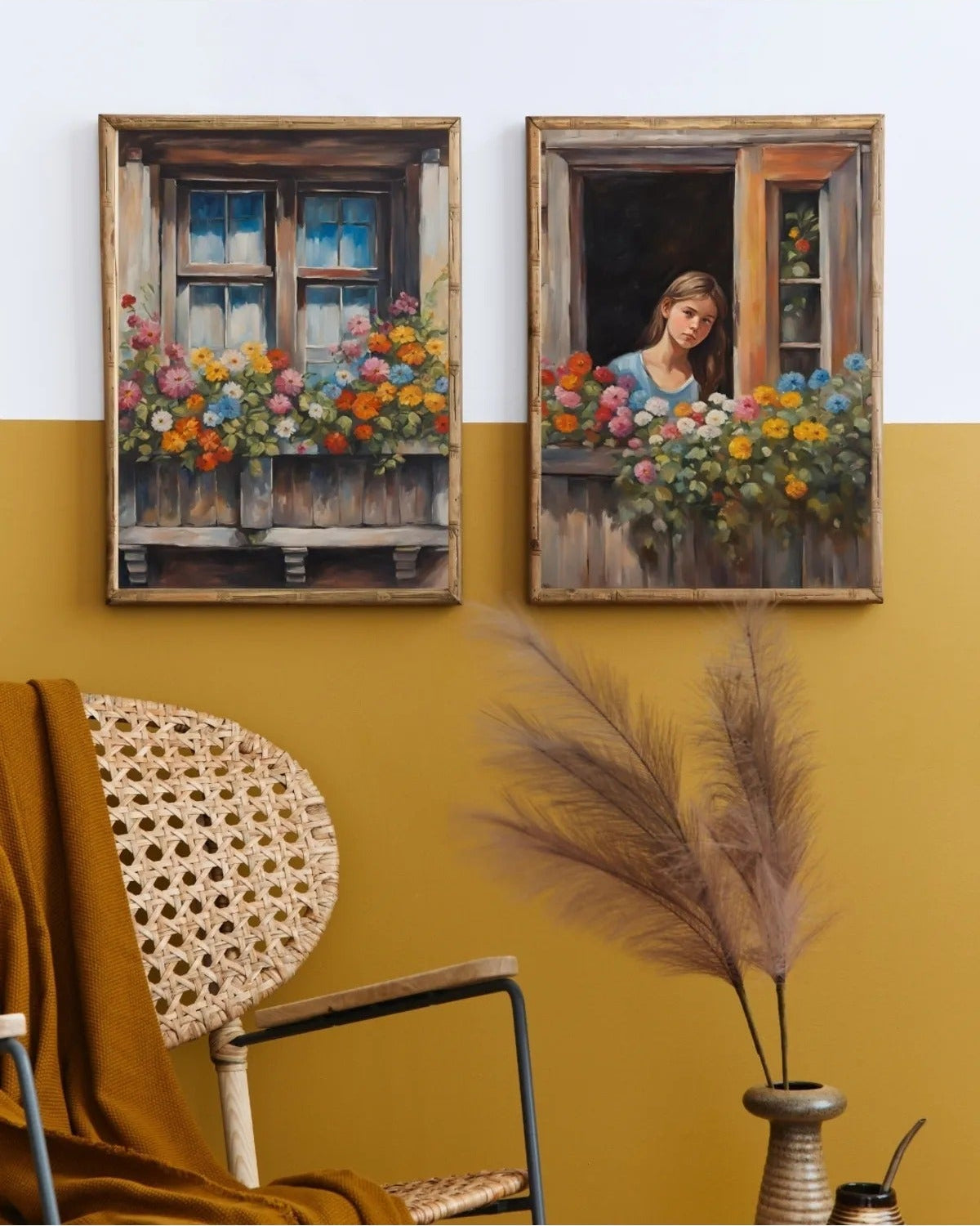 SÜMER Art Decoration Pencereden Bakan Kız ve Çiçekli Pencere 2'li tablo seti ana görseli